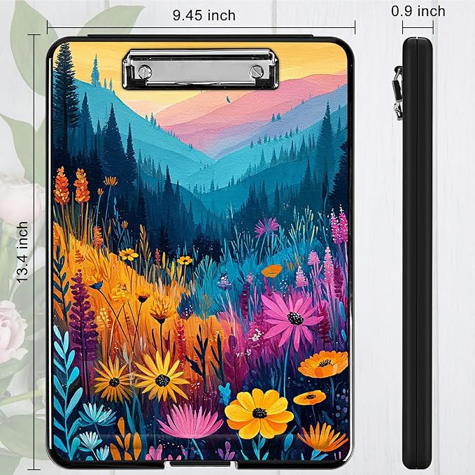 Heavy Duty Storage Clipboard, Slim Nursing Clipboard with Internal Pen Case, Portable File Organizer Case for A4 Letter Size Paper Office Medical Professionals, Mountain Wildflowers