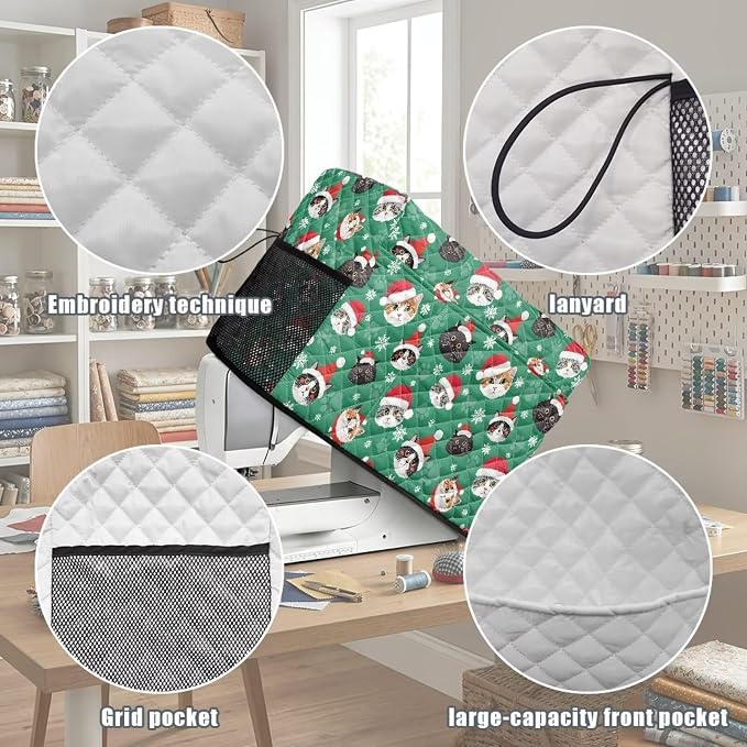 Sewing Machine Cover Polyester Febric Christmas Santa Cat Print | Dust Pet Hair Protection,Quilting Design,Fits Standard Singer,Brother Janome Machines,Protecting Decorating Your Sewing Space