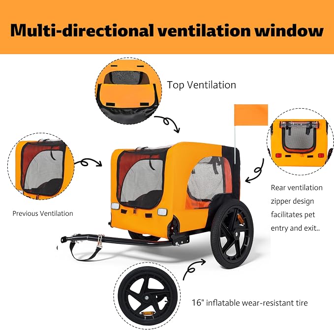 KEIKI Dog Bike Trailer with Built-in Leash, Pet Stroller Cart Bicycle Carrier, Easy Folding Cart Frame with Front Caster & 16" All-Terrain Wheels & Universal Hitch, Supports up to 66 lbs
