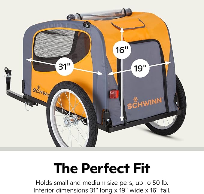 Schwinn 13-SC315 Rascal Bike Pet Trailer, For Small and Large Dogs, Lightweight, Tow with Bicycle, Up to 50 lbs. Small, Orange/Grey