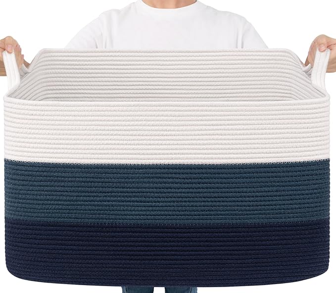 Goodpick 85L Large Blanket Basket 23.6" x 15.7" x 13.8" Cotton Rope Storage Baskets for Organizing, Rectangle Woven Baskets for Storage, Baby Toy Basket for Nursery Bedroom, Blue