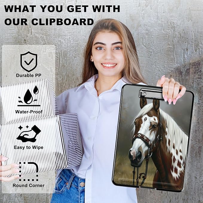 A4 Clipboard with Storage Pen Holder, Clipboards Organizer Nursing Clipboard Foldable File Folder Plastic Clipboard Folio Clip Board for Office Students Classroom Doctor Teacher, Horse