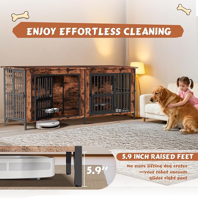 79'' Double Dog Crate Furniture for 2 Dogs, Wooden Dog Kennel with Removable Divider, XXL Dog House Indoor with Rotating Bowl Holders, Heavy Duty Dog Crate TV Stand (78.7"L x 27.6"W x 33.5"H)