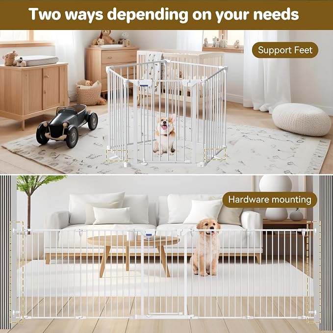 Kfvigoho Dog Gate 27.5"-129" Extra-Wide Playpen, Freestanding Pet Gate | Puppy Fence with Auto-Close Door, Double Locking System for Fireplace, Foldable White, 5 Panels