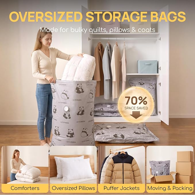 Vacuum Storage Bags Jumbo with Cordless Pump,Large Seal Bags for Clothing | Oxford fabric,Leak-proof,3-in-1 Cordless pump, Reusable, L to Extra Large sizes for Comforters, Blankets, Pillow, Bedding