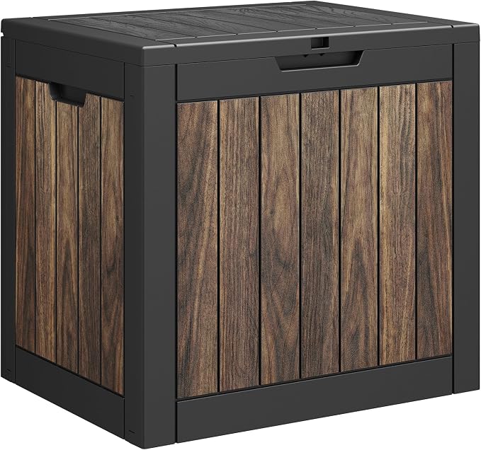 35 Gallon Outdoor Storage Box Waterproof Deck Box for Patio | Walnut, Resin, Small, Weatherproof, Lockable, Compact, Easy Assembly, Patio Pool Garden Accessories Storage, Organization
