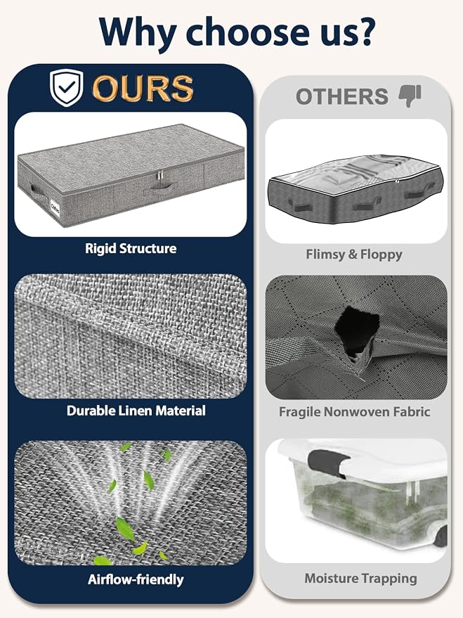 5-In Low Profile Under Bed Storage, Rigid Structure, 2 Pack, Gray | 5" Tall Design, Rigid Sides & Bottom, Reinforced Handles, Foldable Organizer, Limited Clearance, Couches, Cribs, Dorm Beds