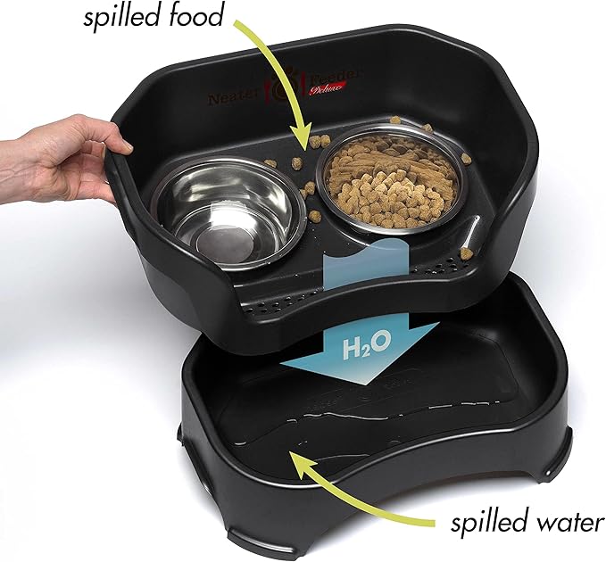Neater Feeder Deluxe Mess-Proof Elevated Dog Bowls for Small Dogs (Up to 19 lbs), 2 Height Adjustable (6” & 7.5”) No-Spill Raised Dog Bowl Stand, Stainless Steel Food Bowl Set, Made in USA, Black