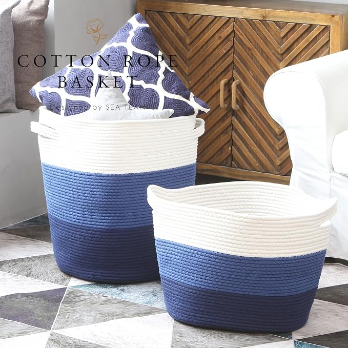 Sea Team Large Woven Cotton Rope Laundry Basket with Handles, 16 x 13 in | Collapsible Knitted Hamper, Closet Shelf Organizers, Containers for Clothing, Blankets, Toys, Bedding, Navy