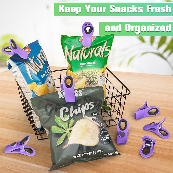 12 Pack Chip Clips, Bag Clips for Food, Magnetic Sealers for Chips and Other Food, Plastic Bag Clip for Kitchen, Fridge, Clothes, Sewing and Artwork (Purple)