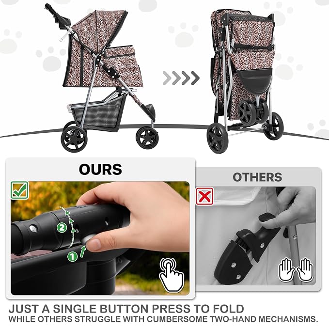 MoNiBloom Pet Stroller for Small/Medium Dogs and Cats, Leopard Print | Foldable Dog Stroller 3 Wheels Pet Strolling Cart w/ Storage Basket Cup Holder, Breathable and Visible Mesh for All-Season