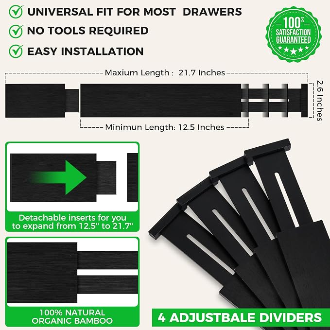 4 Pack Bamboo Drawer Dividers Organizer with Inserts 2.6'' High | Expandable from 12.5-21.7", Adjustable Drawer Organizer Separators for Utensils, Clothing, Office, Dresser, Bedroom, (Black)
