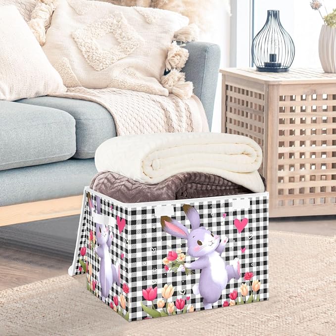 Love Rabbit Fabric Storage Bins with Lid Closet Bedroom 40L Storage Basket | Foldable & Stackable, Flip Top Dust Guard, Reinforced Handles, Home & Bedroom, Clothes & Toys, Rabbit Print Basket