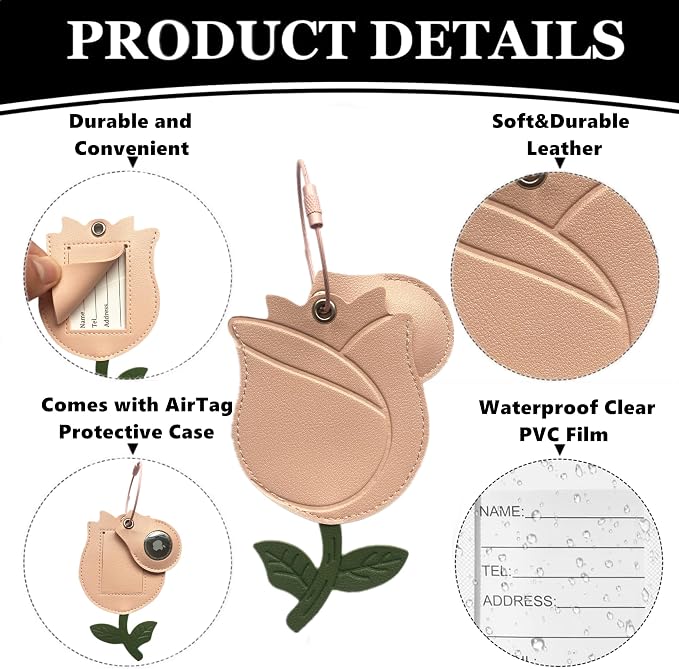 PU Leather Luggage Tag with Airtag Holder Case Set and Name ID Label | Hidden Compartment for AirTag Travel Suitcase Tracking Case with Stainless Steel Loop,Cute Fruit Plant Animals Styles,Rose