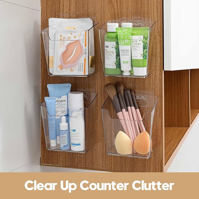 Clear Acrylic Pen Holder, 6 Pack Cabinet Door Organizer Adhesive, Bathroom Wall Mount Caddy Kitchen Plastic Storage Bin Box for Office Marker,Art Supply, Small Cleaning Supply, Seasoning Drink Packet