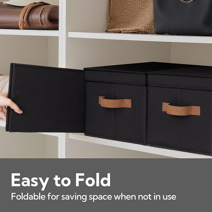 StorageWorks Fabric Storage Bins with Lids, Closet Storage Bins | Lidded Dust-proof, Easy Pull Handles, Foldable, Stackable, Ideal for Clothes Blanket Towel, Large, Black, 3-Pack