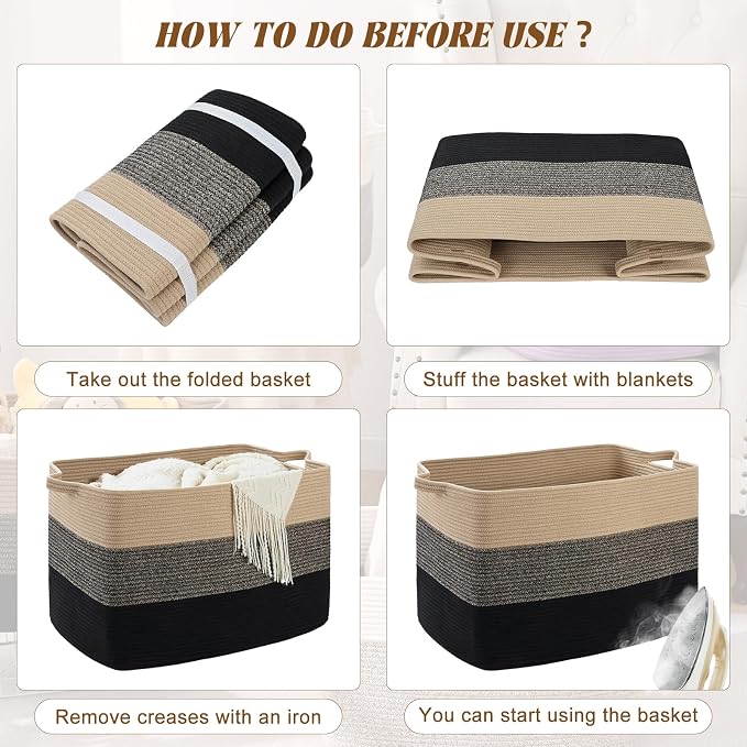 Large Blanket Basket, 100L Storage Baskets for Organizing, Woven Laundry Basket for Blankets, Cotton rope Blanket Storage for Living Room, Nursery Room, 24.8"L x 15.74"W x 15.74"H, Brown & Black
