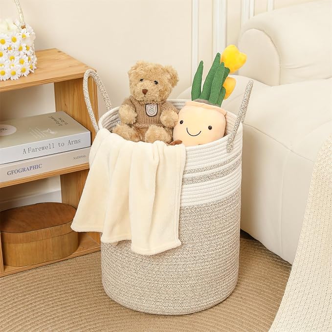 80L Large Woven Laundry Basket Hamper, 100% Natural Cotton Rope, Handwoven & Durable, Storage for Blankets, Toys, Clothes, Nursery Hamper for Living Room, Baby Room, Bedroom (Brown with White)