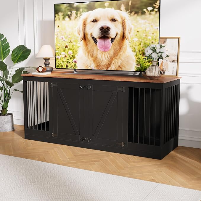 70.8" Large Dog Crate Furniture for 2 Dogs, Farmhouse Dog Crate TV Stand with Removable Divider, Heavy Duty Wooden Dog Kennel with Reinforced Steel Bars & 2 Lockable Doors