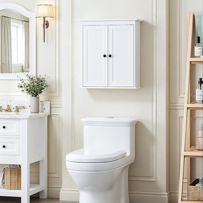 Spirich Bathroom Wall Cabinet, White Medicine Cabinet with 2 Doors | 2 Adjustable Shelves, Shaker Doors & Black Knobs, Compact Wall Storage for Bathroom, Kitchen & Laundry Room
