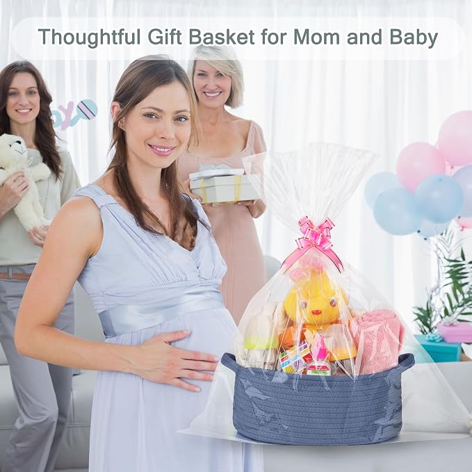 COMSE Empty Small Gift Basket with Bag & Ribbons, Folkstone Gray | Cotton Rope, 12"x 8"x 5", Baby Toy Organizer, Stores Small Items for Bedrooms, Nurseries, Bathrooms, Living Rooms, Offices