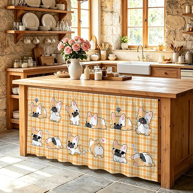 Cute Puppy Sink Skirt for Bathroom, Self-Adhesive Under Sink Curtain, Orange Beige Plaid Modern Funny Dogs Pet Hide Pipes & Storage Fabric Cabinet Skirt Cover for Kitchen Laundry 32"x55"