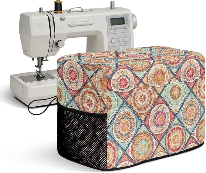 Sewing Machine Cover Polyester Febric Diamond Vintage Mandala | Dust Pet Hair Protection,Quilting Design,Fits Standard Singer,Brother Janome Machines,Protecting Decorating Your Sewing Space