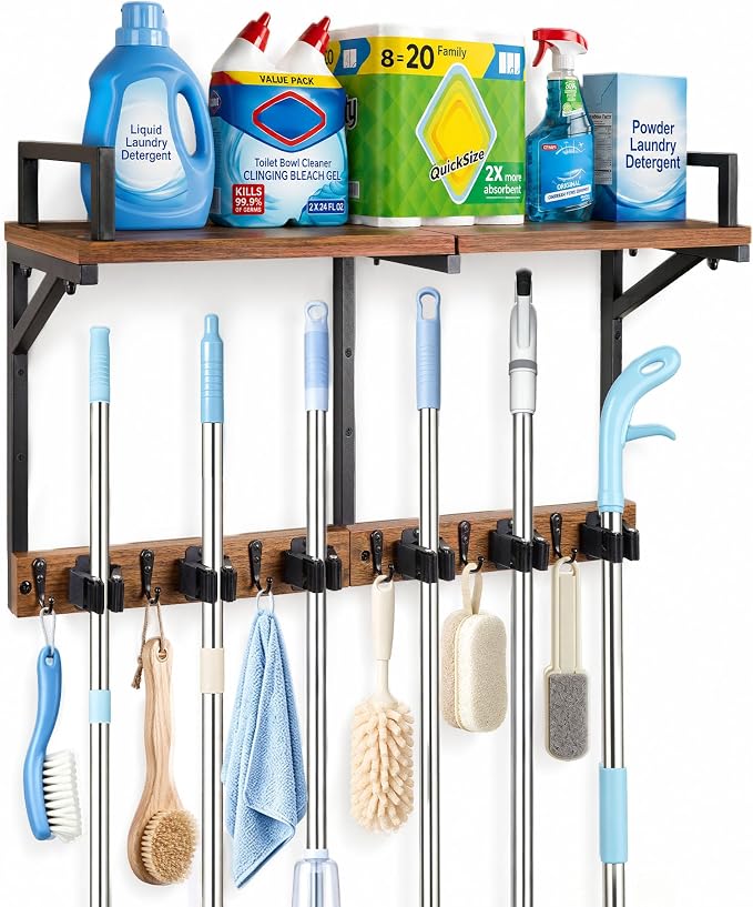 Lorbro Broom Holder Wall Mount with Cleaning Supplies Storage, Heavy Duty | 3 in 1 Broom and Mop Organizer Wall Hanging, Wooden Mop Organizer Hanger, Storage Shelves for Laundry Room, Garage