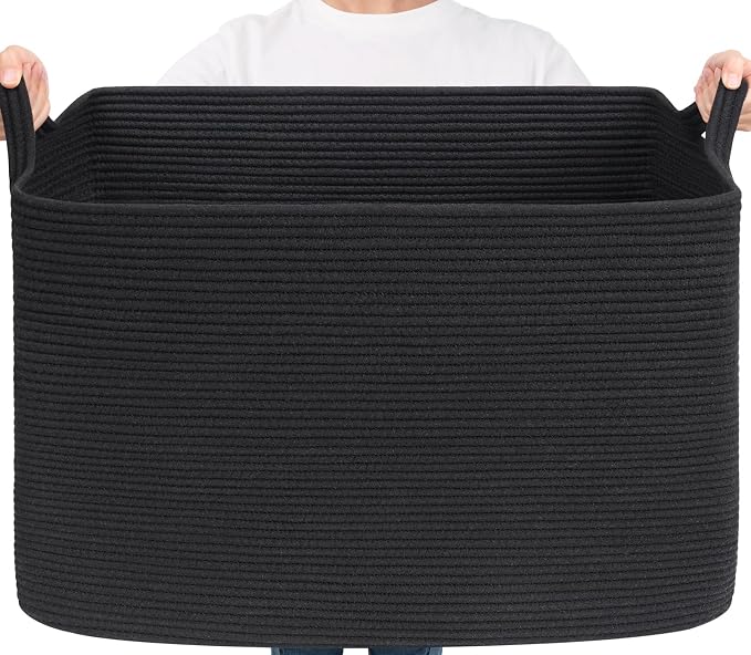 Goodpick 105L Extra Large Woven Rope Blanket Basket, Rectangle, Black | 25'' x 16'' x 16'' Storage Basket for Blankets, Pillows & Clothes, Living Room, Bedroom & Nursery Organization, Handles