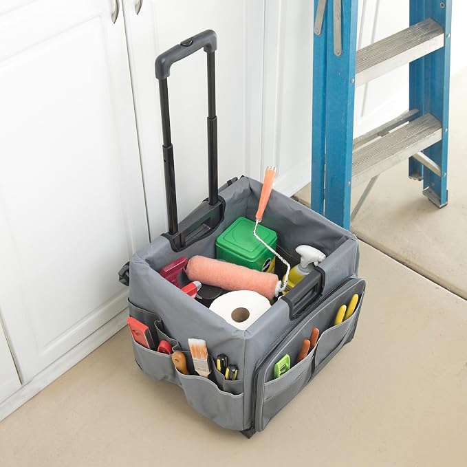Folding Mobile Utility Cart, Canvas Organizer Bag, Dark Grey/Grey | Durable plastic, 30 compartments, adjustable handle, 40 lb capacity, collapses to 3" thick, rolling wheels for easy transport