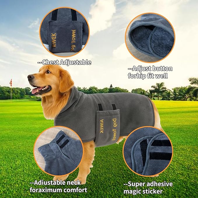 Dog Towel Dog Bathrobe, Microfiber Super Absorbent Pet, Quick Drying Robe for After Bath, Adjustable Collar & Belly Strap Pet Cat Bath Robe Towel Grey-XL
