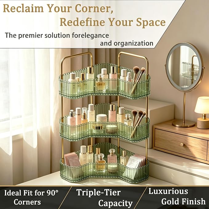3-Tier Corner Bathroom Organizer, Skincare Vanity Counter Shelf Green | Premium PET Perfume Display Stand with Gold Metal Rods, Space-Saving 90 Degree Storage Rack for Dresser