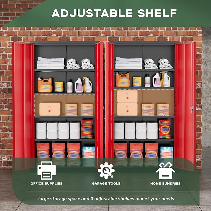 Greenvelly Metal Storage Cabinet, 72" Black Locking Metal Garage Storage Cabinet with Doors and 4 Adjustable Shelves, Lockable Steel Cabinet for Home Office, Garage, Shop, School (Red 36" W x 18" D)