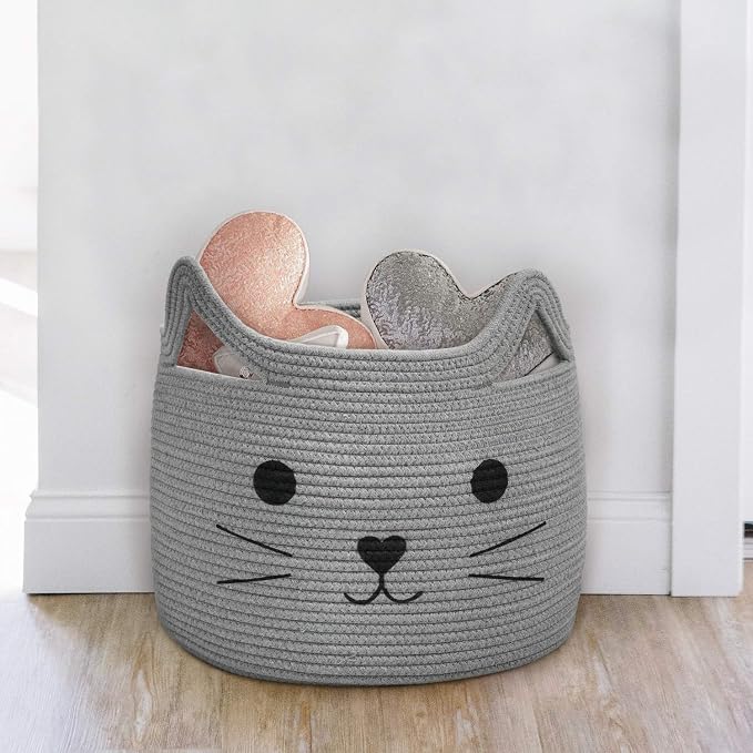 Large Woven Rope Cat Toy Basket with Cat Face Design, Grey | 15.7" x 11.8" Toy Bin & Box for Living Room Nursery, Baby Storage Basket for Towels, Blankets, with Sturdy Handles