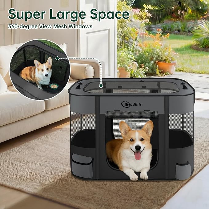 Siedihit 31" Dog Playpen,Cat Puppy Pen, Pet Portable Crate Indoor Outdoor | Durable Travel Camping Use,Foldable Dog Kennel Tent Cage for Rabbit Small Animals with Carrying Case(Dark Grey, Medium)