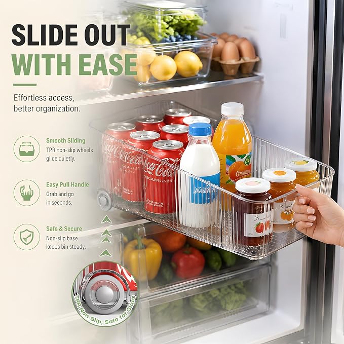 2 Pack Fridge Organizer Bins with Wheels, Clear Roll Out Refrigerator Drawers with Adjustable Dividers and Handles, PET Pantry Storage Bins for Drinks, Snacks, Cans and Cabinet