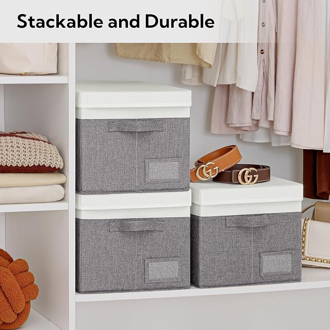 GRANNY SAYS Storage Bins with Lids, Decorative Storage Boxes with Lids | Storage Box with Dust Cover, Handles & Lable, Collapsible, Ideal for Closet Clothes Blanket Toys, Large, White&Gray, 3-Pack