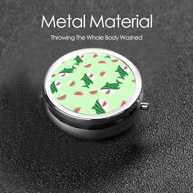 Round Pill Case, Funny Watermelon Shark Mint Green Portable Mini Holder, Travel Organizer with Mirror, Pocket Purse Box for Daily Meds
