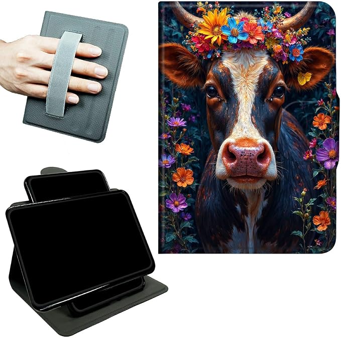 Rotating Handle Case for Samsung Galaxy Tab A11 Plus 2026/A9 Plus 11" 2024, 360 Degree Swivel Kickstand with Magnetic Closure Shockproof Leather Cover for Women Men, Black White Cow Flower