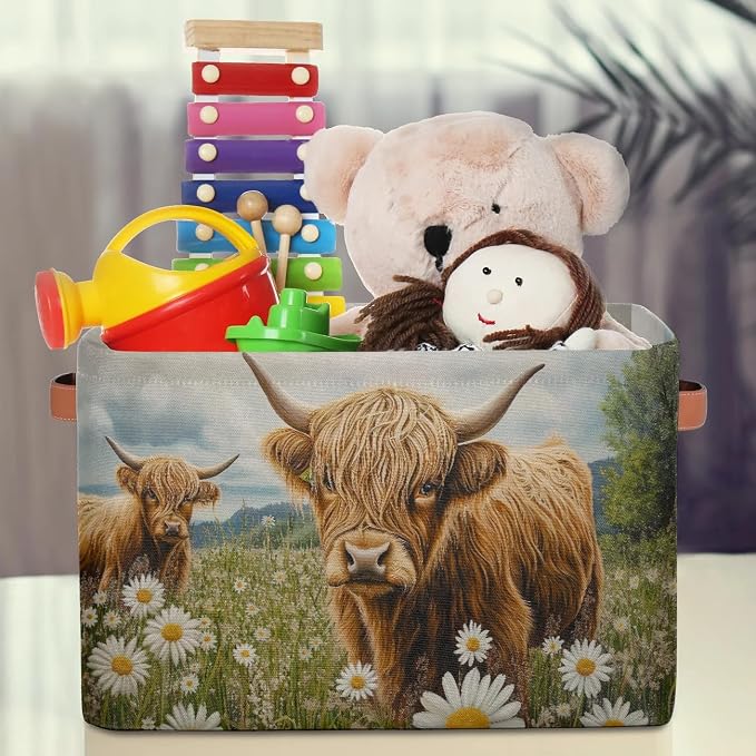 Daisy Flowers Highland Cows Storage Boxes Theme Storage Nursery Baskets with Handle Closet Collapsible Organizer Shelf Bins for Book Cloth 15 X 11 X 9.5 IN