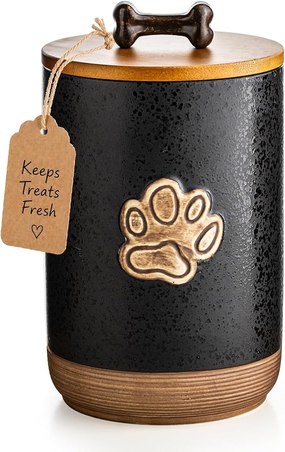 Miamolo Dog Treat Storage Container for Kitchen Counter, Lock in Freshness | Ceramic Jar with Airtight Seal Lid, Puppy Treats Food Canister | Farmhouse Decor, Doggie Cookie Jar Gift, Paw Glinting Black