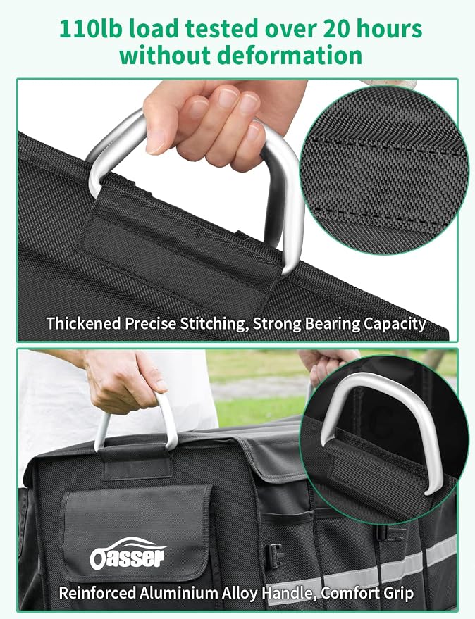 Oasser Trunk Organizer with Sturdy Hard Lid, Large, Black | Aluminium Alloy Handle, supports up to 110lb load, 1680D Splash-Resistant Material, Reflective Strip, Anti-slip bottom
