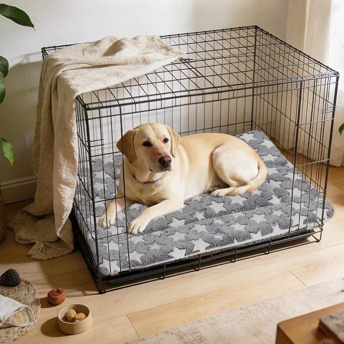 Mora Pets Dog Crate Pad Bed Ultra Soft Pet Mat Star Print Grey 35 x 23 Inch | Washable Crate Mat for Small Medium Large Dogs, Reversible Fleece Dog Crate Kennel Mat Flat Cat Bed Liner