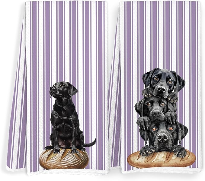 Black Labrador Retriever Bread Kitchen Towels, Black Lab Gifts Dish Tea Towels, Cute Baking Chef Dog Purple Striped Decorative Hand Towel for Kitchen Bakery, 16x24 Inch Set of 2