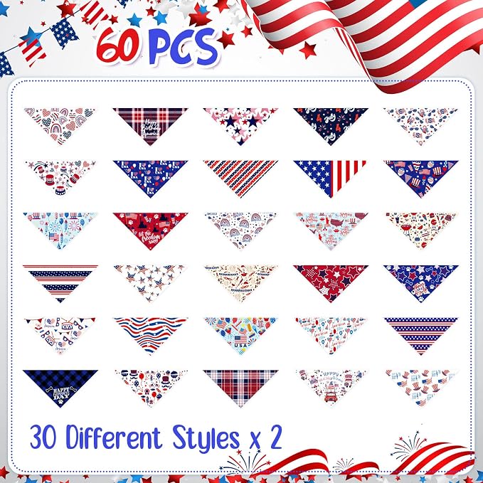 Sanwuta 60 Pcs 4th of July Dog Bandanas Patriotic Dog Bibs American Pet Costume Adjustable Cat Holiday Outfit Washable Triangle Scarf Kerchief for Small to Medium Pet