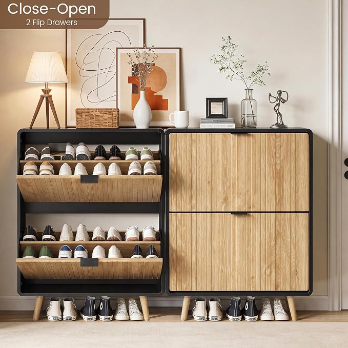 FurSch Fluted Shoe Storage Cabinet with 2 Flip Drawers, Narrow Shoe Rack Cabinet Organizer with Adjustable & Removable Shelves for Entryway (Natural and Black, 2 Drawers)
