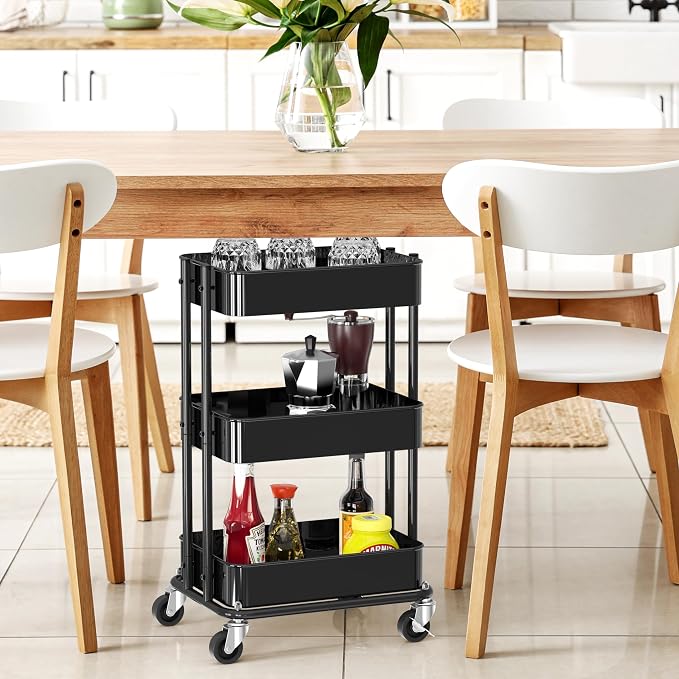 Simple Houseware 3-Tier Utility Cart, Low 24" Height Fits Under Desk, Black | Compact & Lower Height Great for Under-Desk Space-Saving Storage for Home Office, Dining Room, or Kitchen