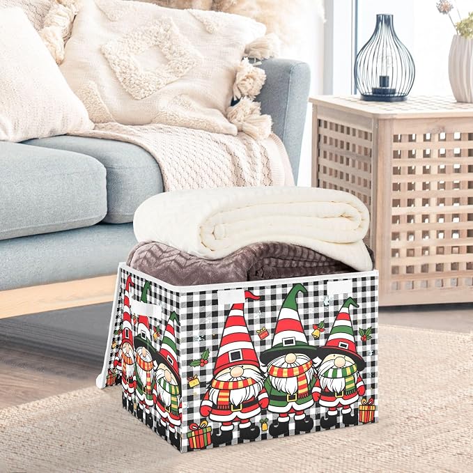 Red Christmas Fabric Storage Bins with Lid Closet Storage Basket 40L | Decorative Storage Boxes, Dust-Proof Flip Top, Reinforced Handles, For Home & Bedroom, Clothes & Toy Box, Christmas Print