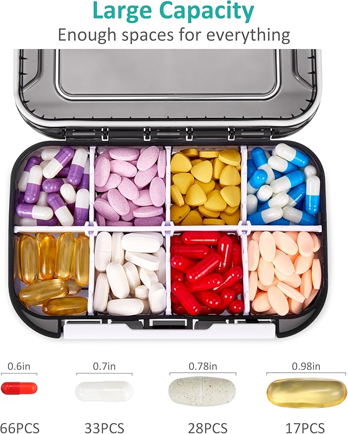 Fullicon Moisture Proof Pill Organizer, 8 Compartment Travel Case, Black | Holds Up to 66 Capsules or 17 Fish Oils, Safety Buckle, Removable Dividers, Labeling Stickers Included, Stackable Design