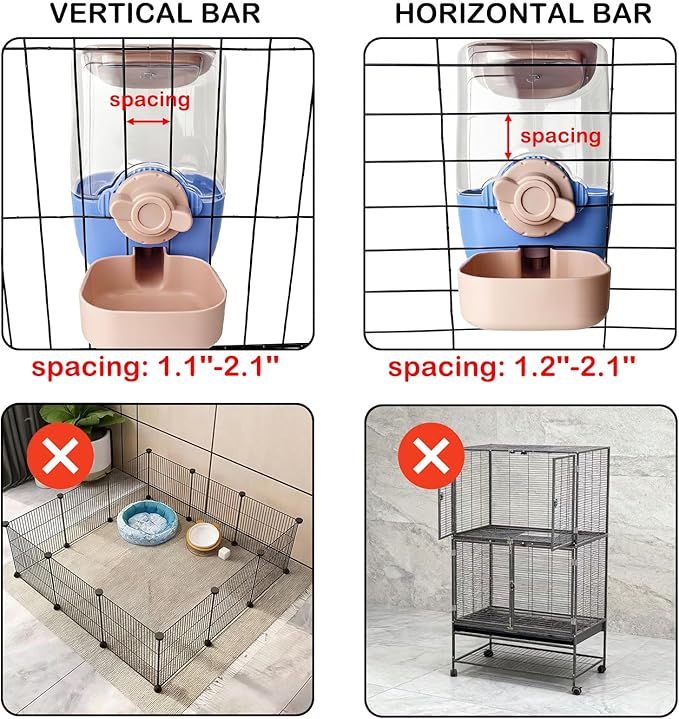 Rabbit Water Bottle, 34oz Pet Hanging Water Dispenser, Cat Water Feeder for Small Animal Ferret Guinea Pig Chinchilla Small Dog Cage Grid Spacing 1.2''-2.1'' (Blue&Pink)